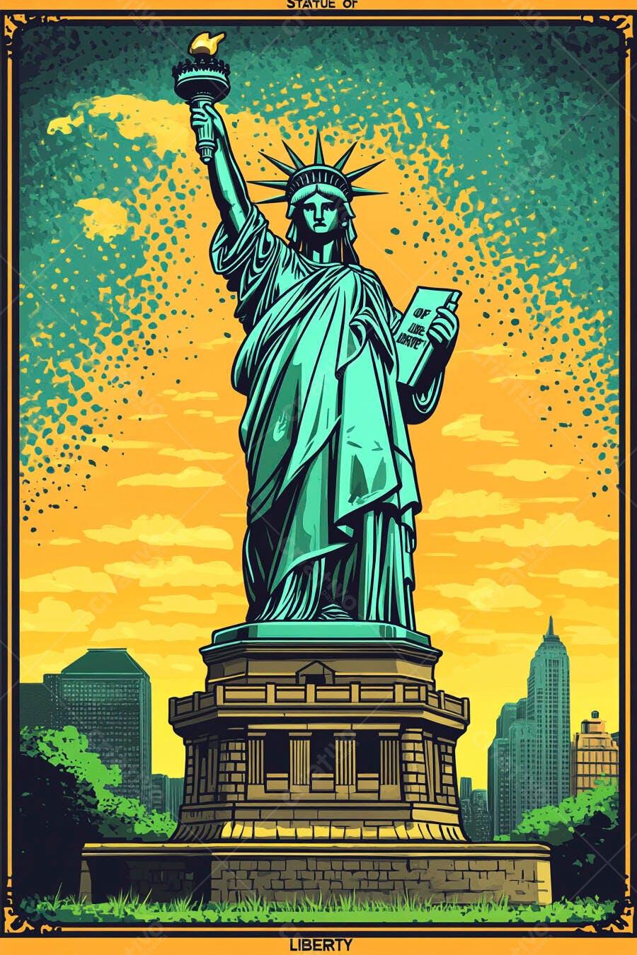 Estátua da Liberdade em Nova York arte vibrante pôr do sol amarelo