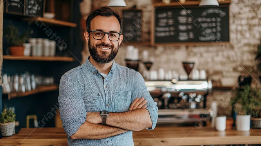 Homem empreendedor sorridente com óculos em cafeteria moderna de madeira