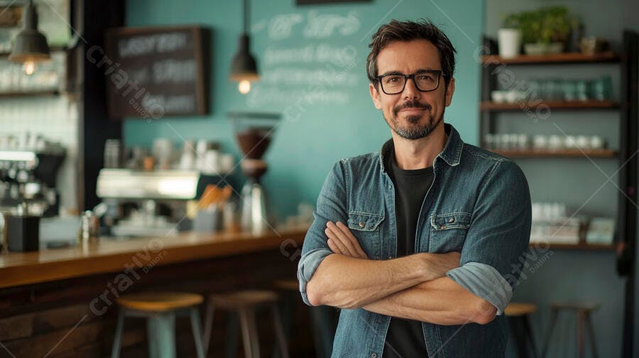 Homem sorrindo de óculos e barba em cafeteria moderna com balcão azul
