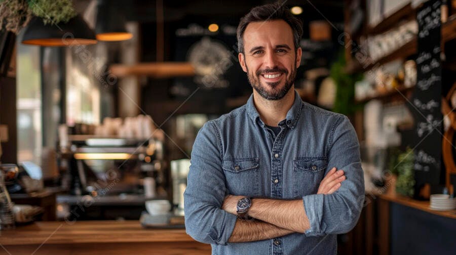 Homem caucasiano sorrindo com camisa jeans em cafeteria moderna