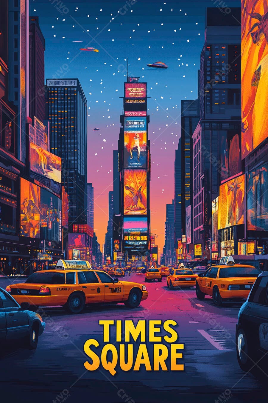 Times Square Nova York táxis amarelos com céu noturno vibrante e elementos futuristas