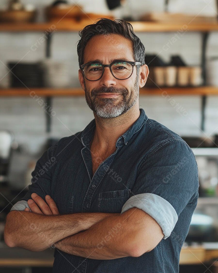 Homem de óculos e barba sorrindo em camisa jeans no café