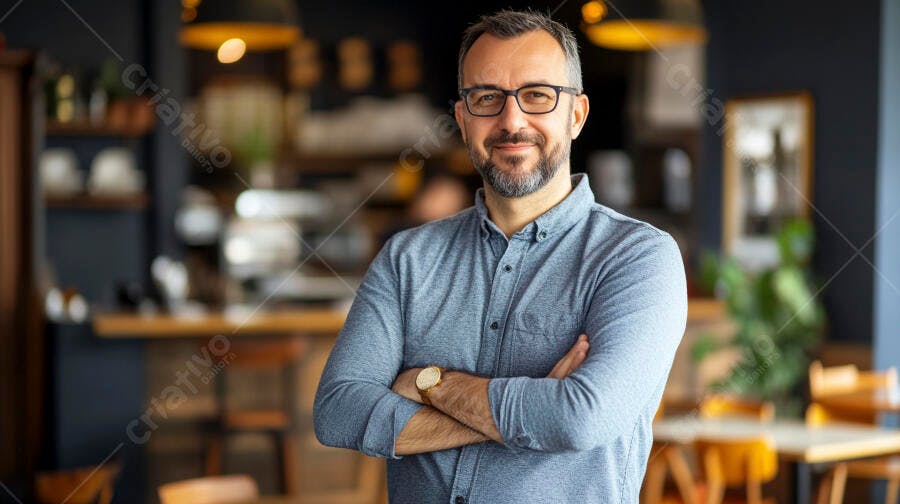 Homem sorrindo de óculos camisa azul braços cruzados em cafeteria