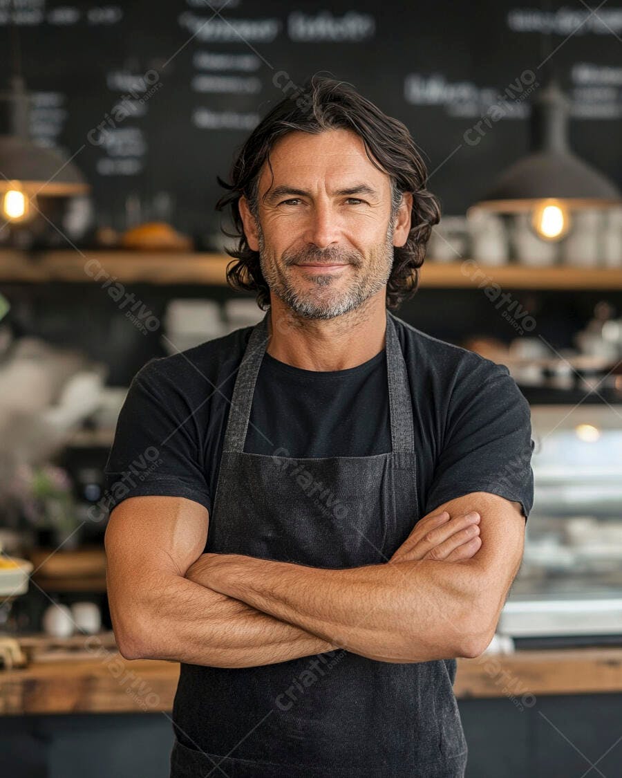 Homem barista caucasiano sorrindo com avental preto em seu café