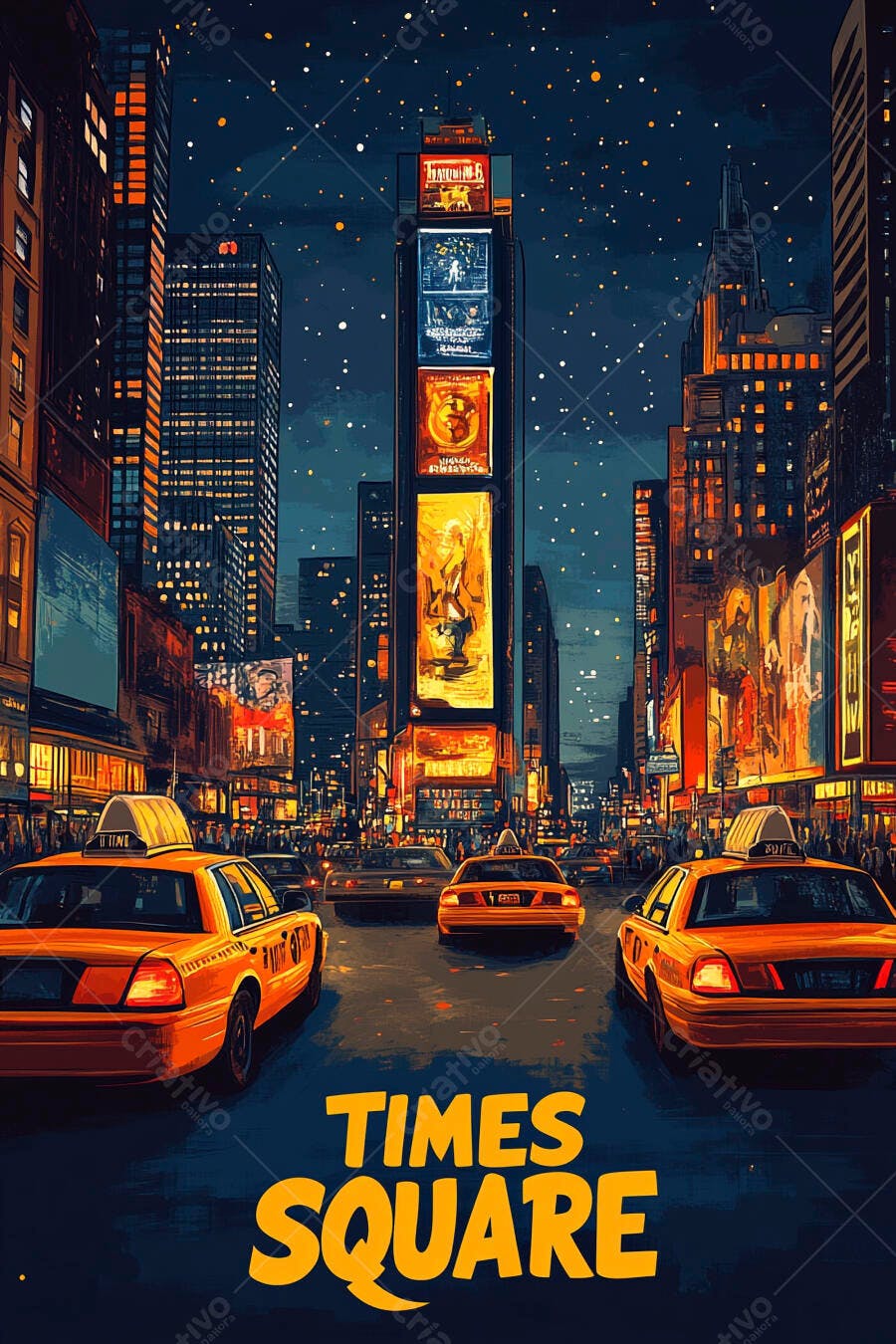Times Square Nova York noite vibrante com táxis amarelos e outdoors iluminados
