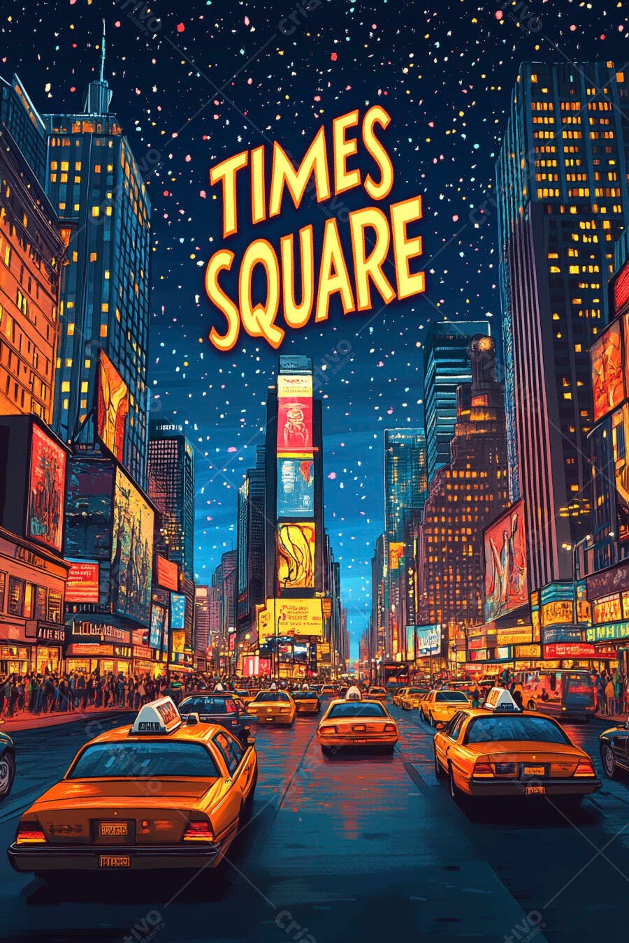 Times Square Nova Iorque à noite com táxis amarelos e arranha-céus iluminados