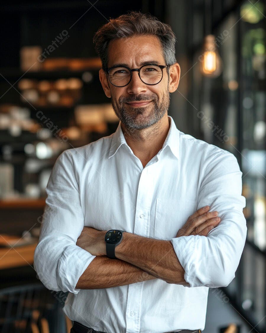 Homem caucasiano empresário sorrindo com braços cruzados em escritório