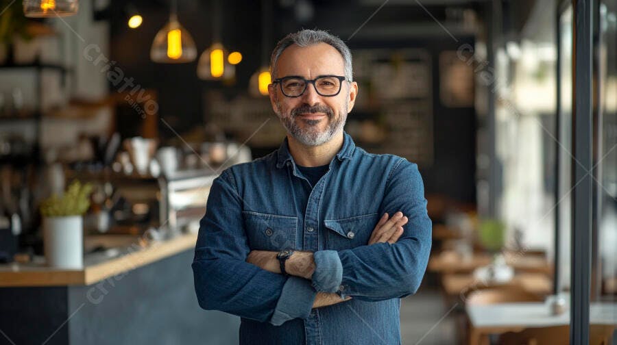 Homem proprietário grisalho sorrindo com braços cruzados em café moderno