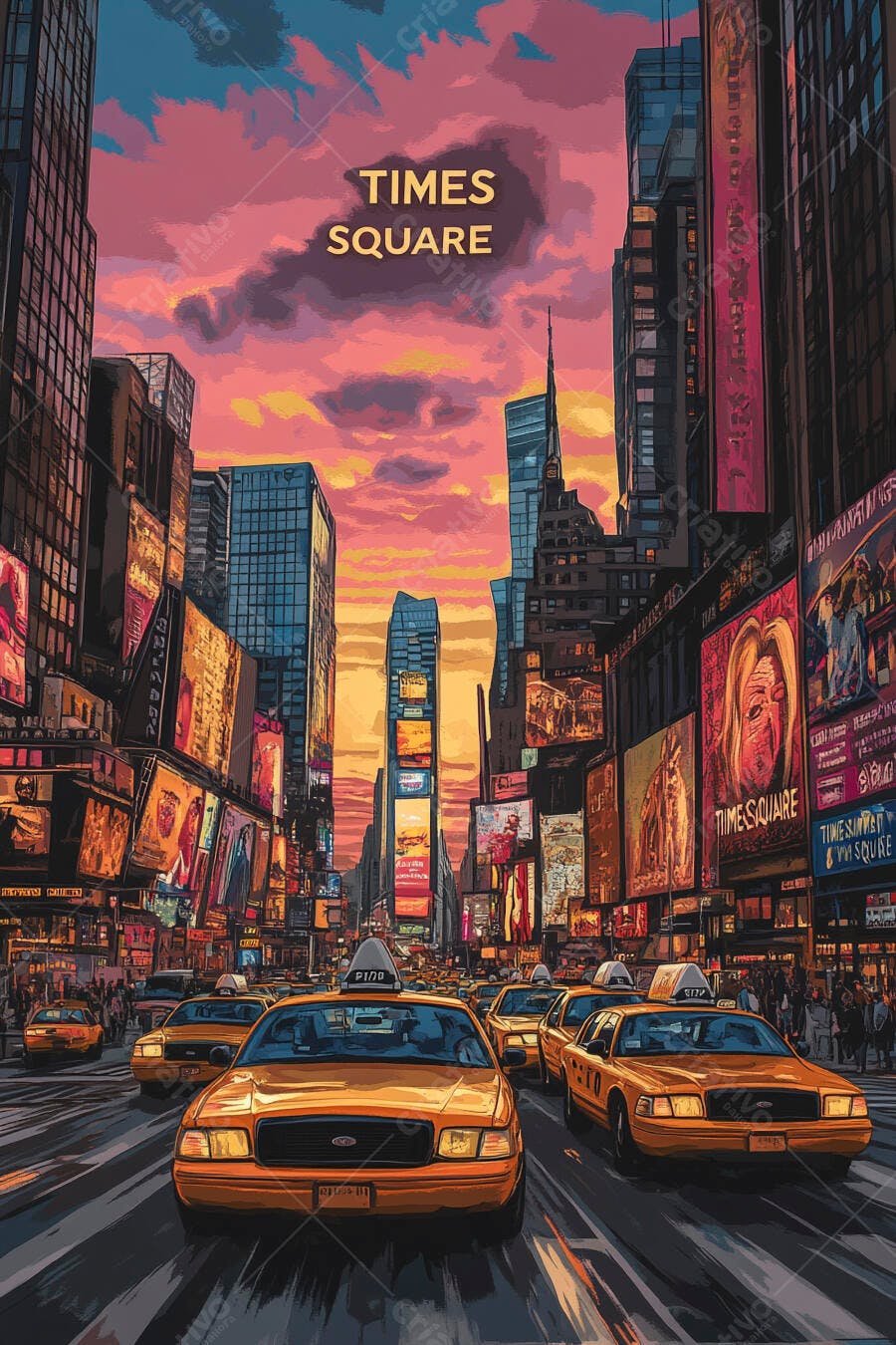 Times Square Nova York táxis amarelos na rua ao pôr do sol vibrante