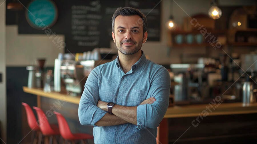 Homem branco sorrindo de camisa azul com braços cruzados em cafeteria moderna