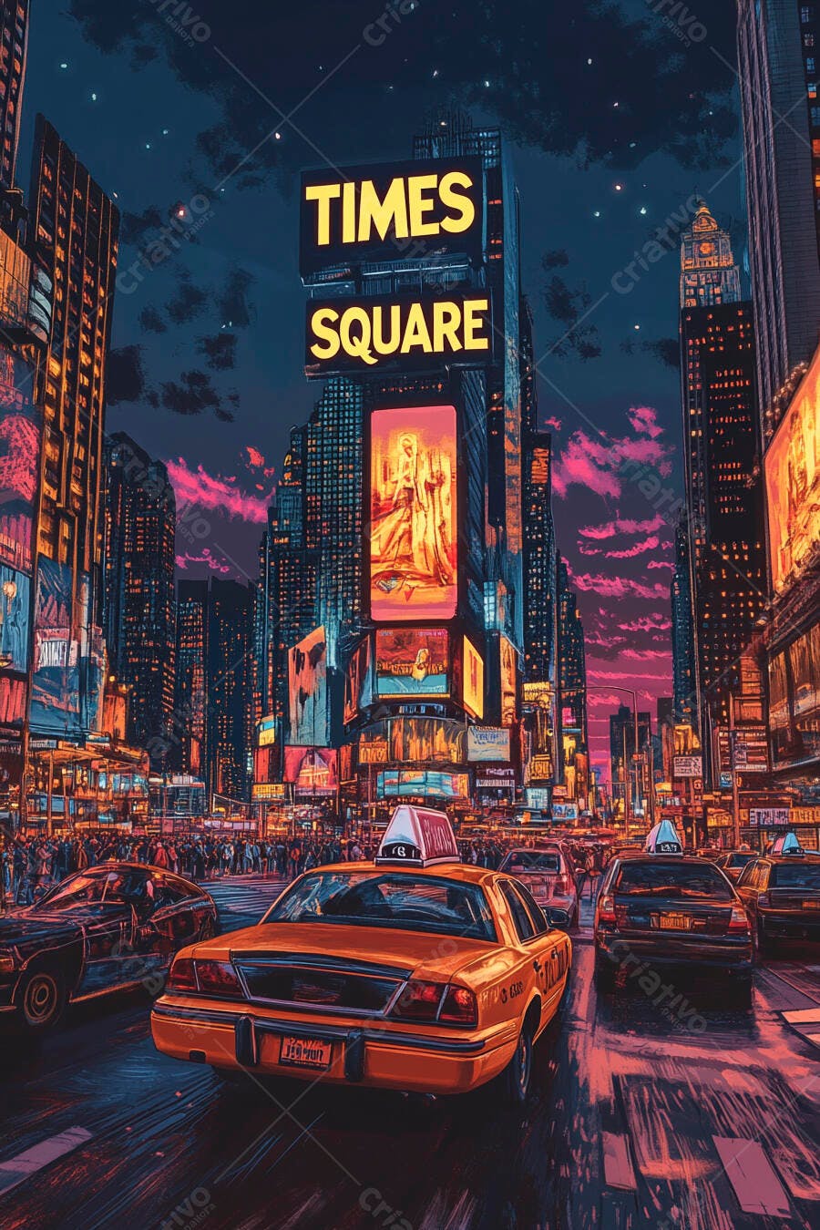 Times Square agitada à noite com táxis amarelos e letreiros luminosos