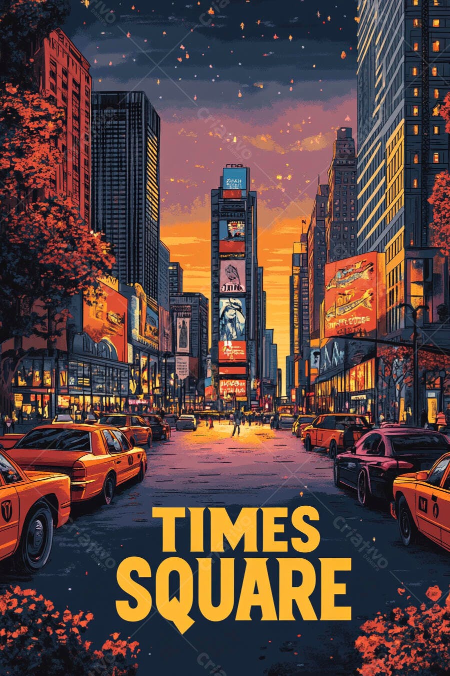 Times Square ilustração ao anoitecer com táxis amarelos e outdoors luminosos