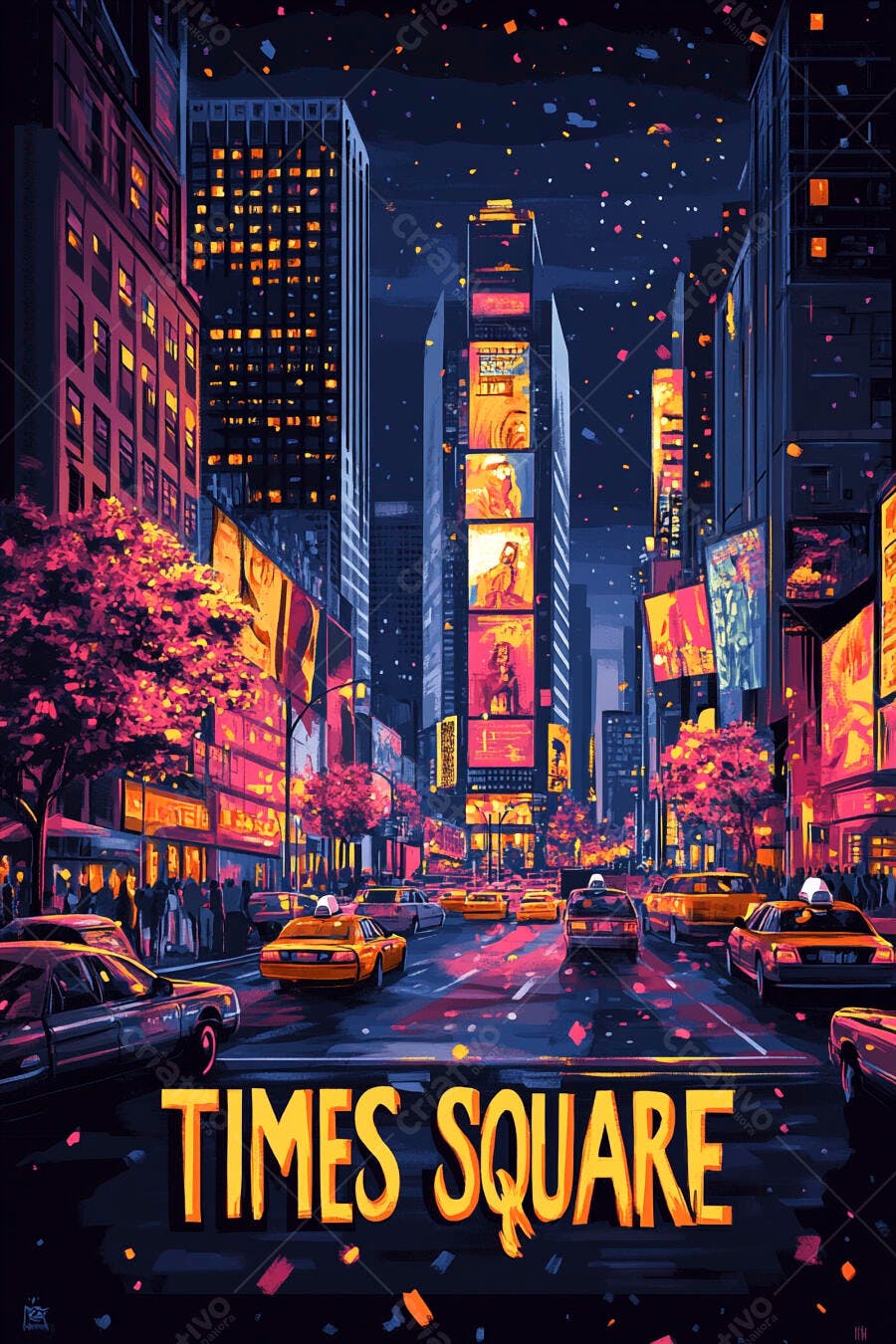 Times Square Nova York à noite com táxis amarelos e luzes neon vibrantes
