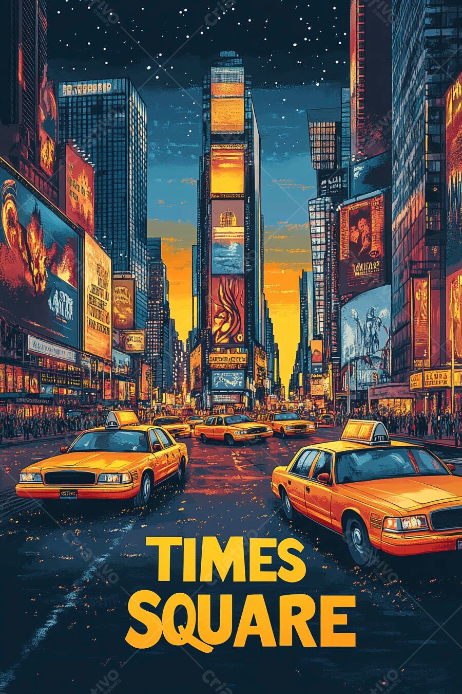 Times Square Nova York letreiros luminosos táxis amarelos noite estrelada