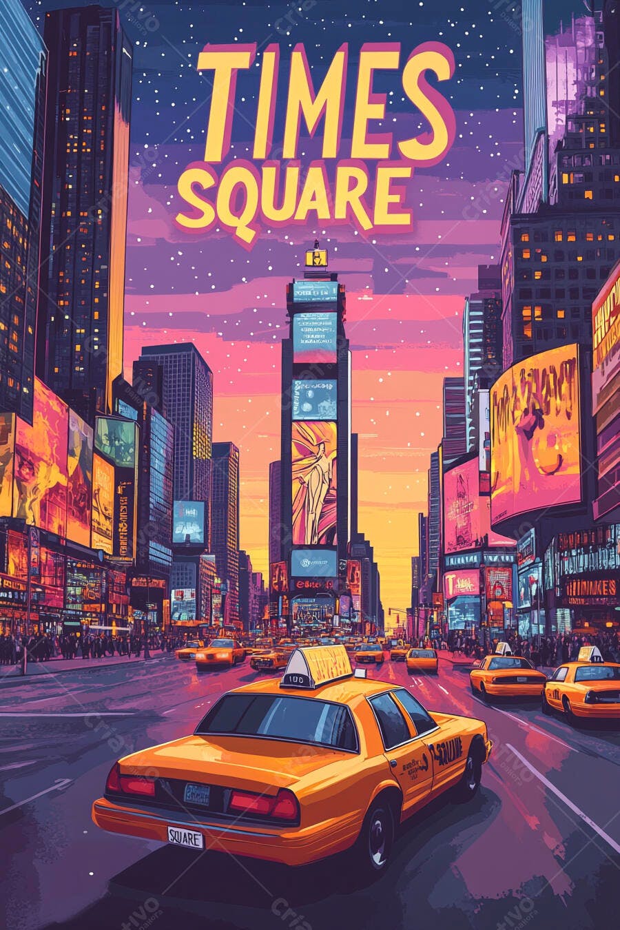 Times Square Nova Iorque com táxis amarelos e letreiros iluminados ao crepúsculo