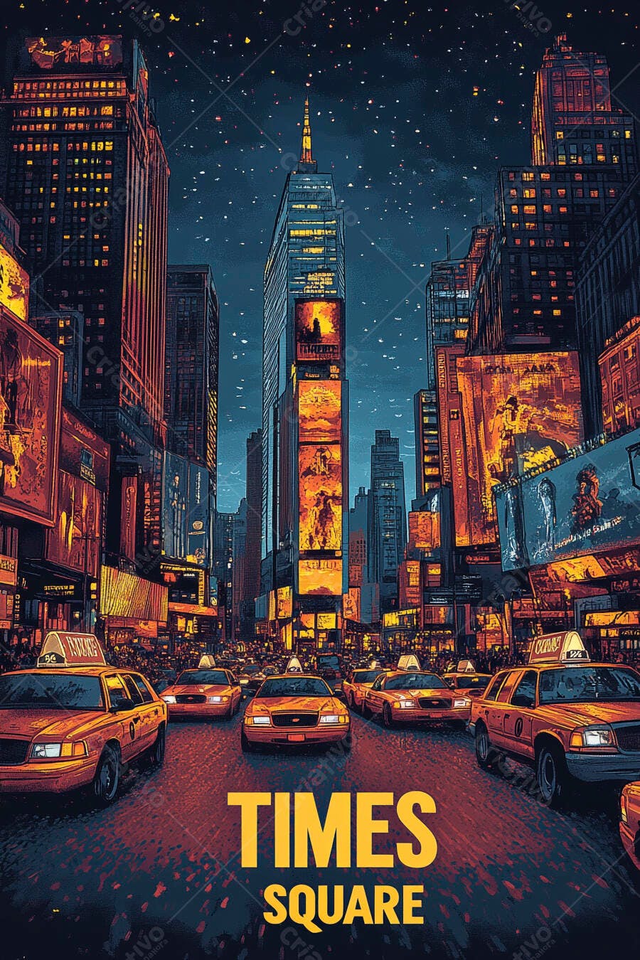 Times Square Nova York à noite com táxis amarelos e arranha-céus iluminados