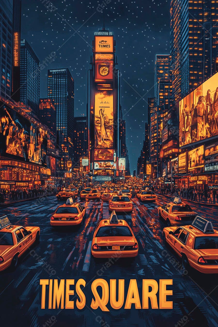 Times Square Nova York à noite com táxis amarelos e luzes vibrantes