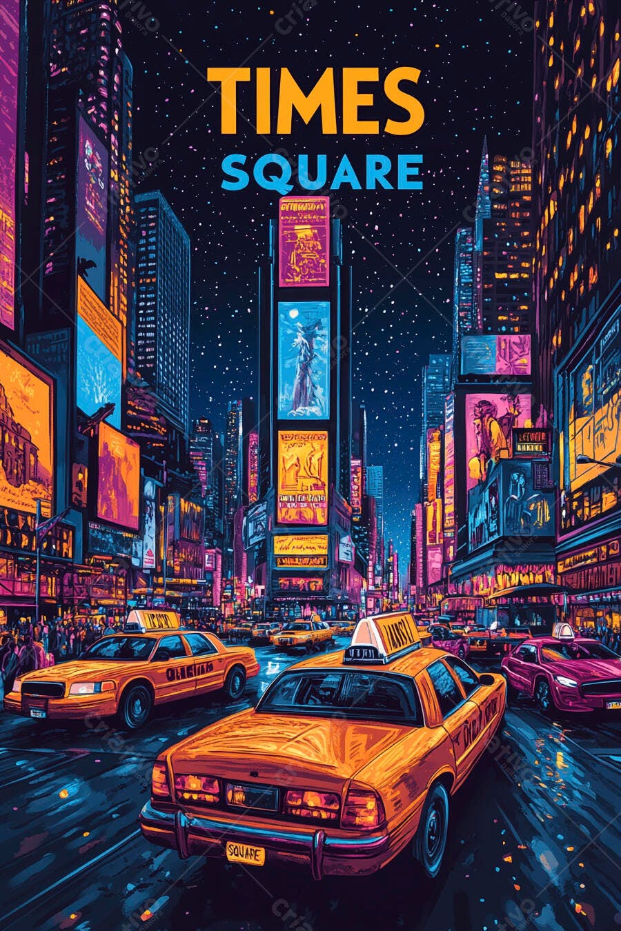 Times Square Nova York ilustração urbana vibrante com luzes neon e táxis amarelos