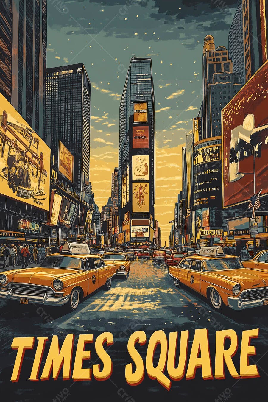 Times Square Nova York rua movimentada taxis amarelos e letreiros luminosos arte retrô