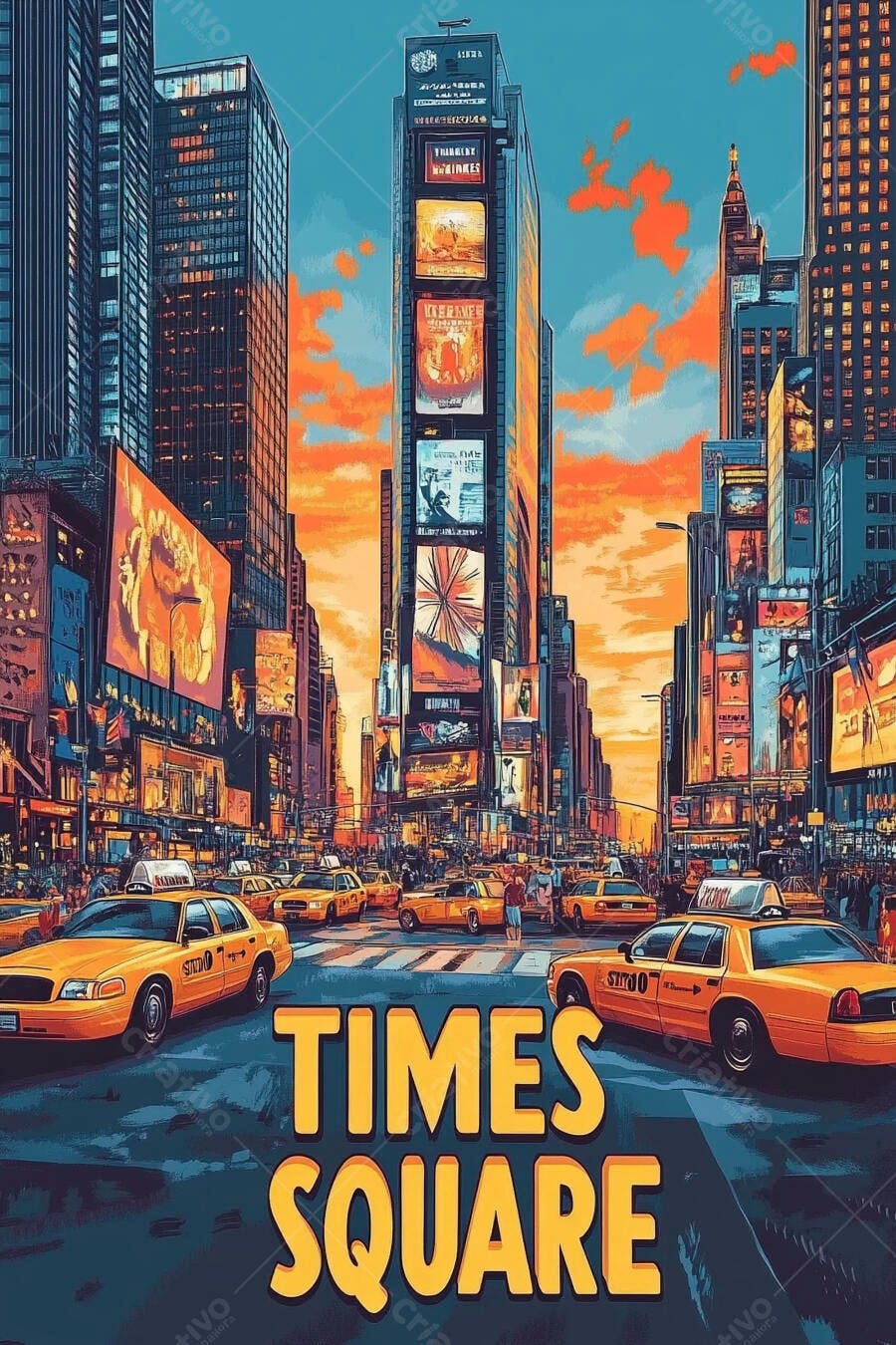 Times Square Nova York entardecer vibrante com táxis amarelos e outdoors iluminados