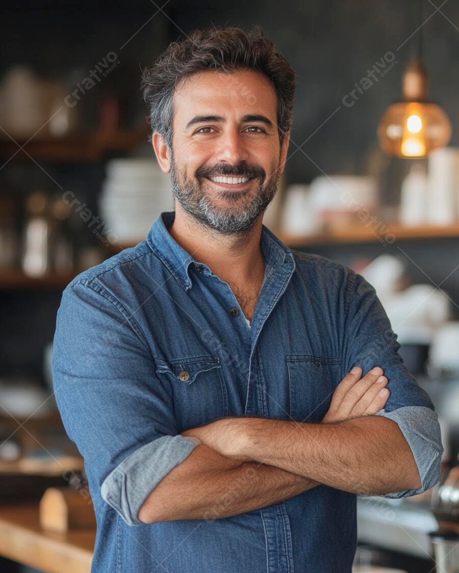 Homem barbudo sorridente de camisa jeans braços cruzados em café