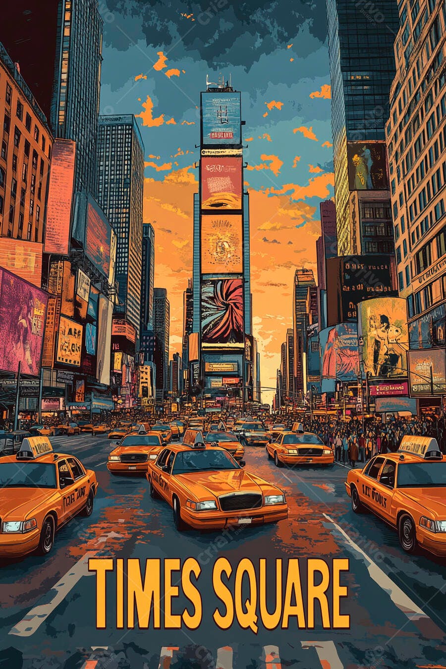 Times Square Nova York táxis amarelos e arranha-céus ao pôr do sol vibrante