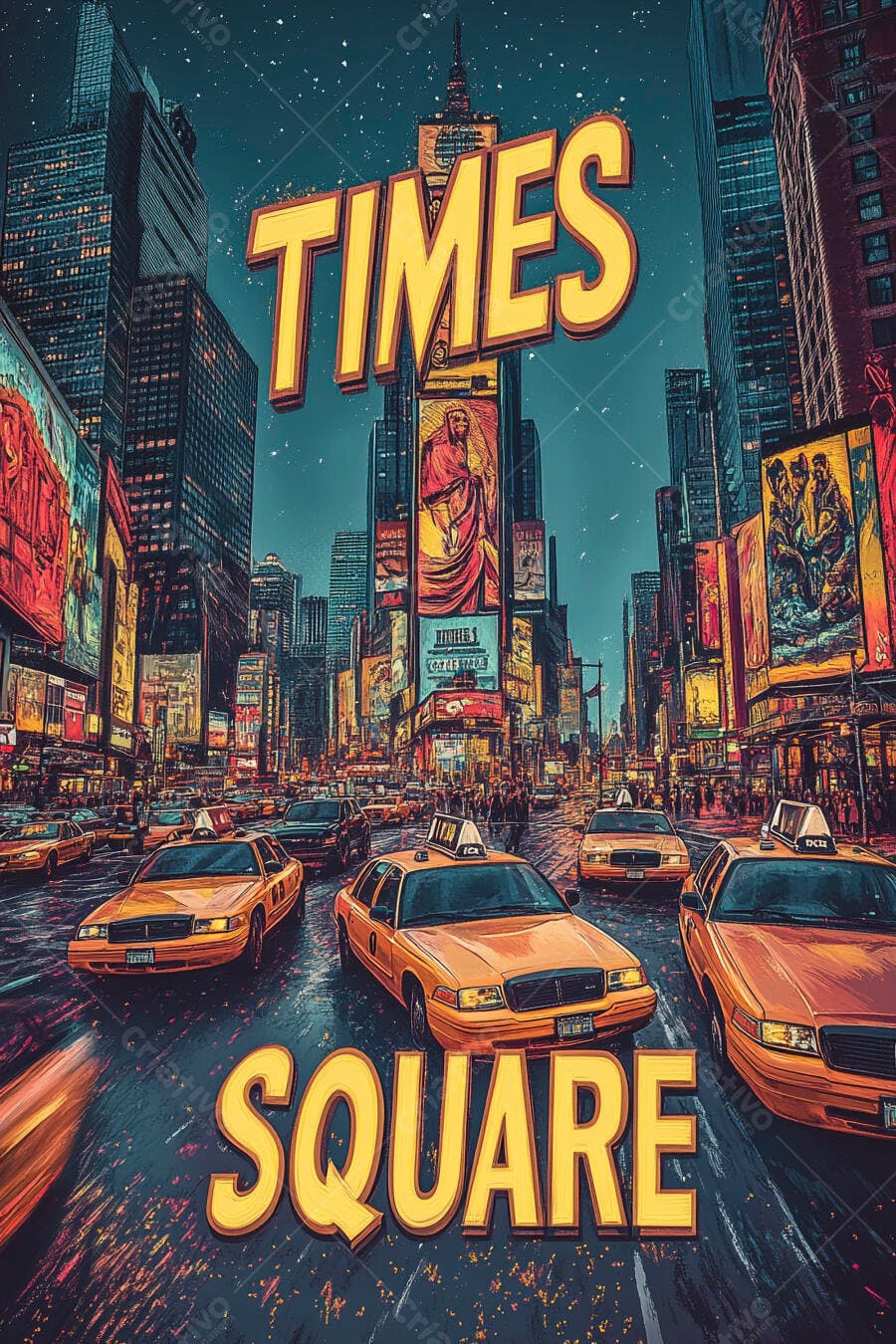 Times Square Nova York noite com táxis amarelos e letreiros luminosos