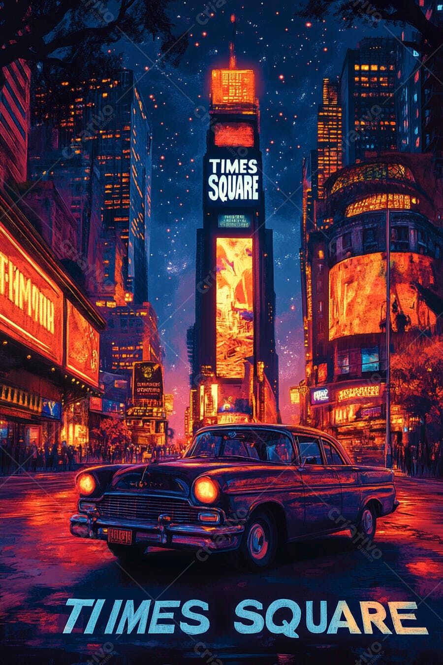 Times Square à noite com luzes neon e carro clássico na rua
