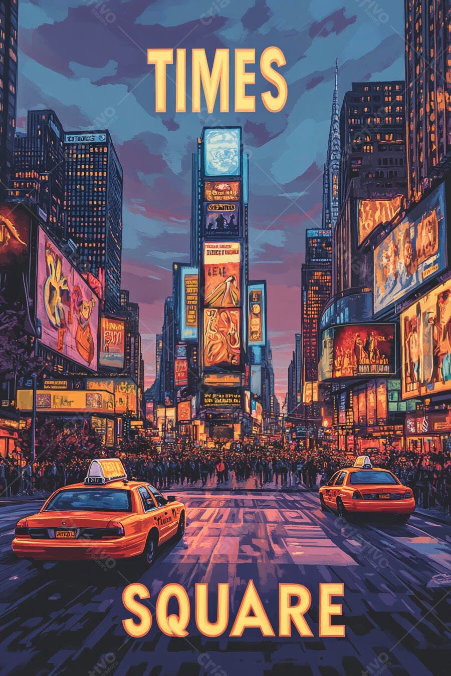 Times Square Nova York noturno com táxis e luzes neon vibrantes