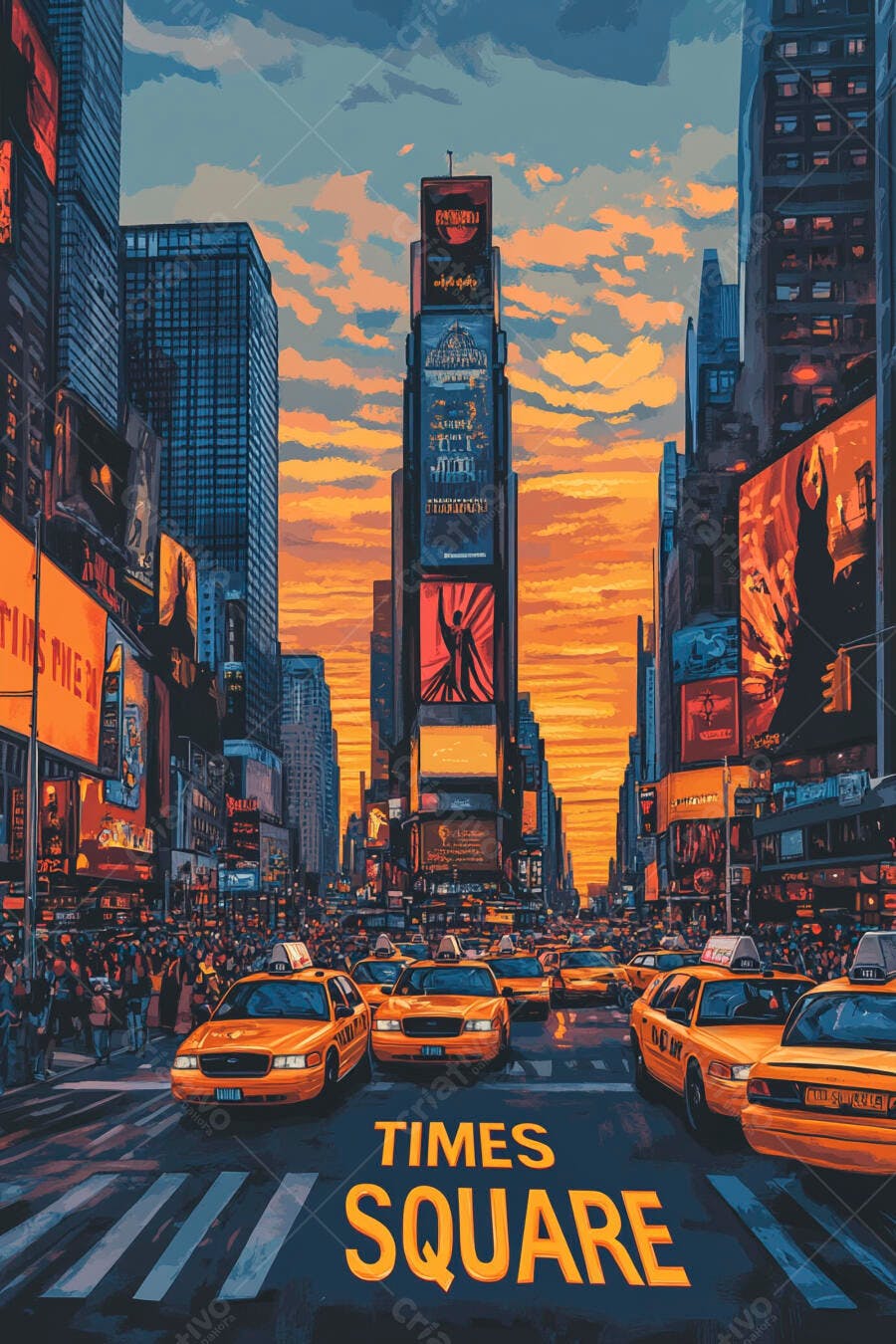 Times Square Nova York anoitecer com táxis amarelos e prédios iluminados