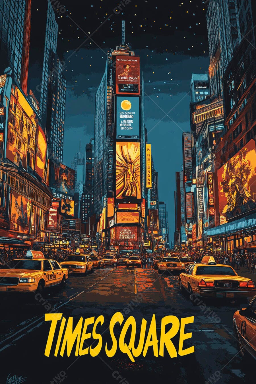 Cenário urbano de Times Square Nova York com táxis amarelos e luzes noturnas vibrantes