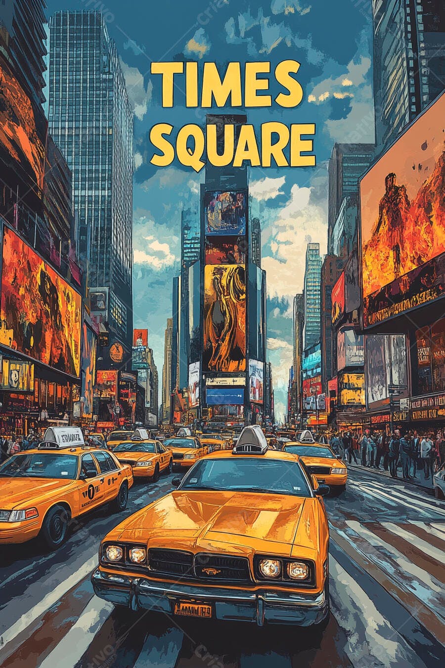 Taxis amarelos em Times Square Nova York ilustração com arranha-céus e telões digitais