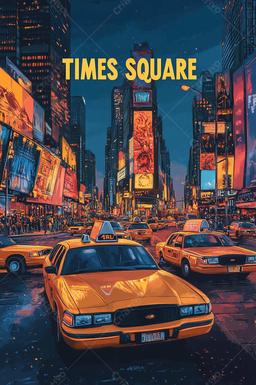 Táxis amarelos em Times Square vibrante à noite com letreiros luminosos