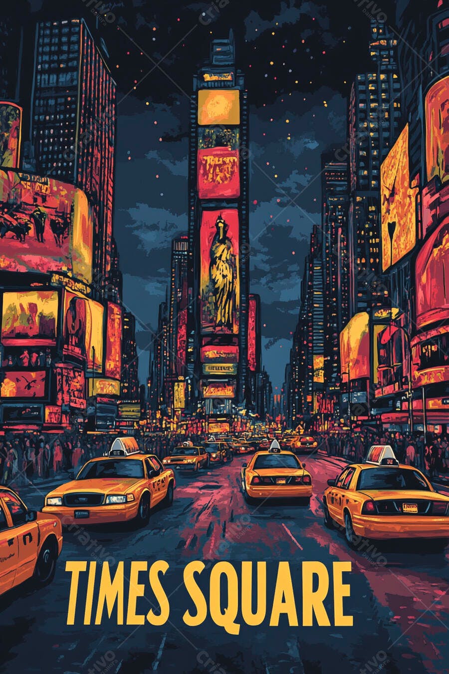Times Square vibrante a noite com taxis amarelos e arranha ceus iluminados