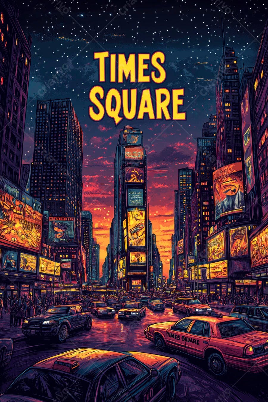 Times Square noturno carros e arranha-céus iluminados estilo vibrante