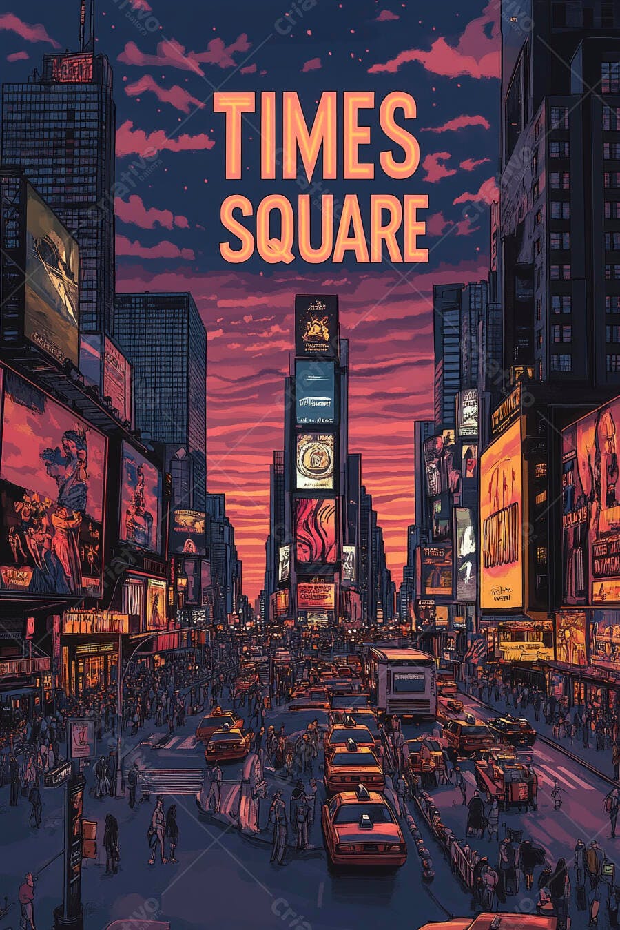 Times Square vibrante ao entardecer com letreiros luminosos e tráfego intenso