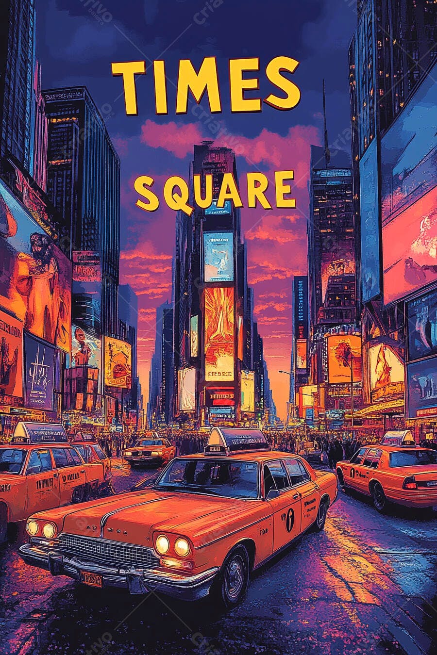 Times Square Nova York táxis amarelos prédios luminosos roxo e laranja