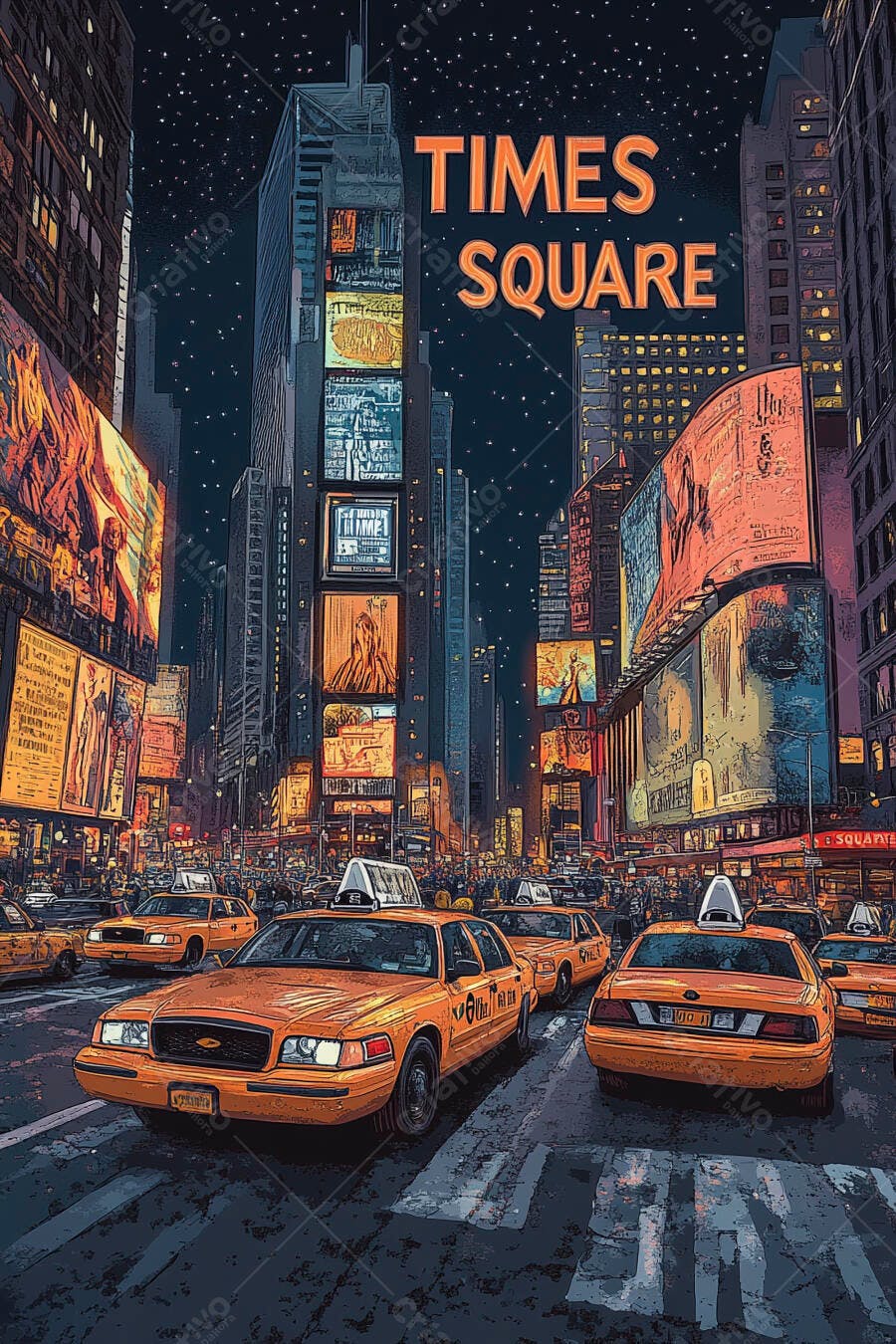 Times Square Nova York noite com táxis amarelos e outdoors digitais