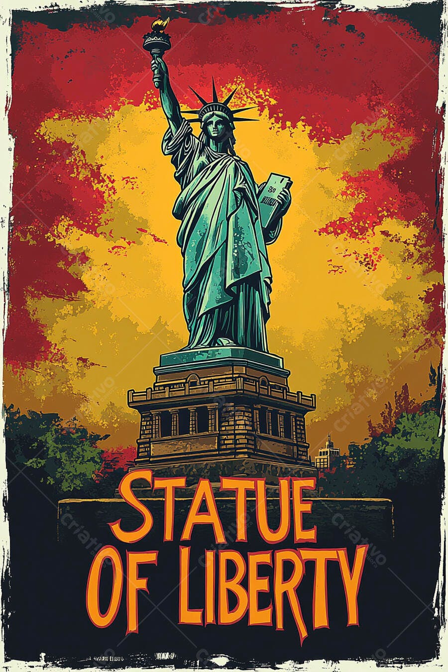 Estátua da Liberdade ilustração vintage vermelho amarelo verde-água Nova York marco