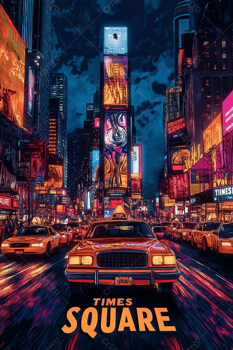 Times Square à noite com táxis amarelos e letreiros vibrantes em Nova York