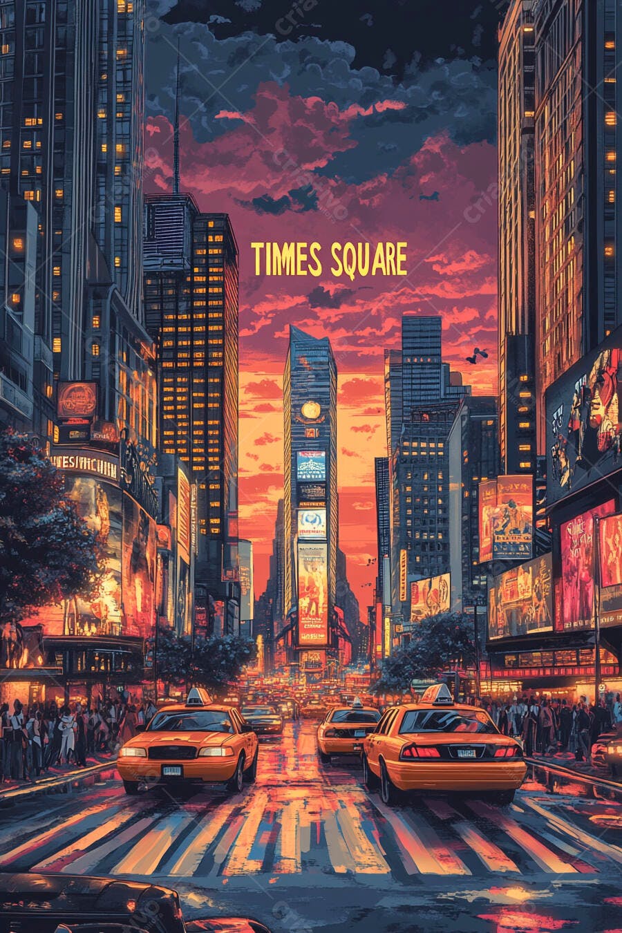 Times Square Nova Iorque ao pôr do sol com táxis amarelos e prédios iluminados