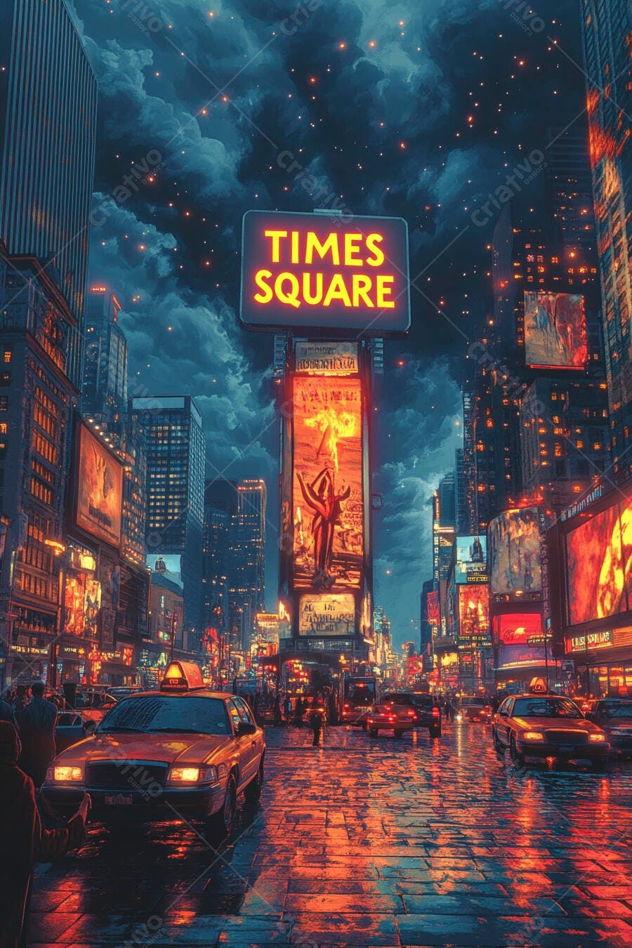 Times Square agitado à noite com luzes neon e táxis amarelos na chuva