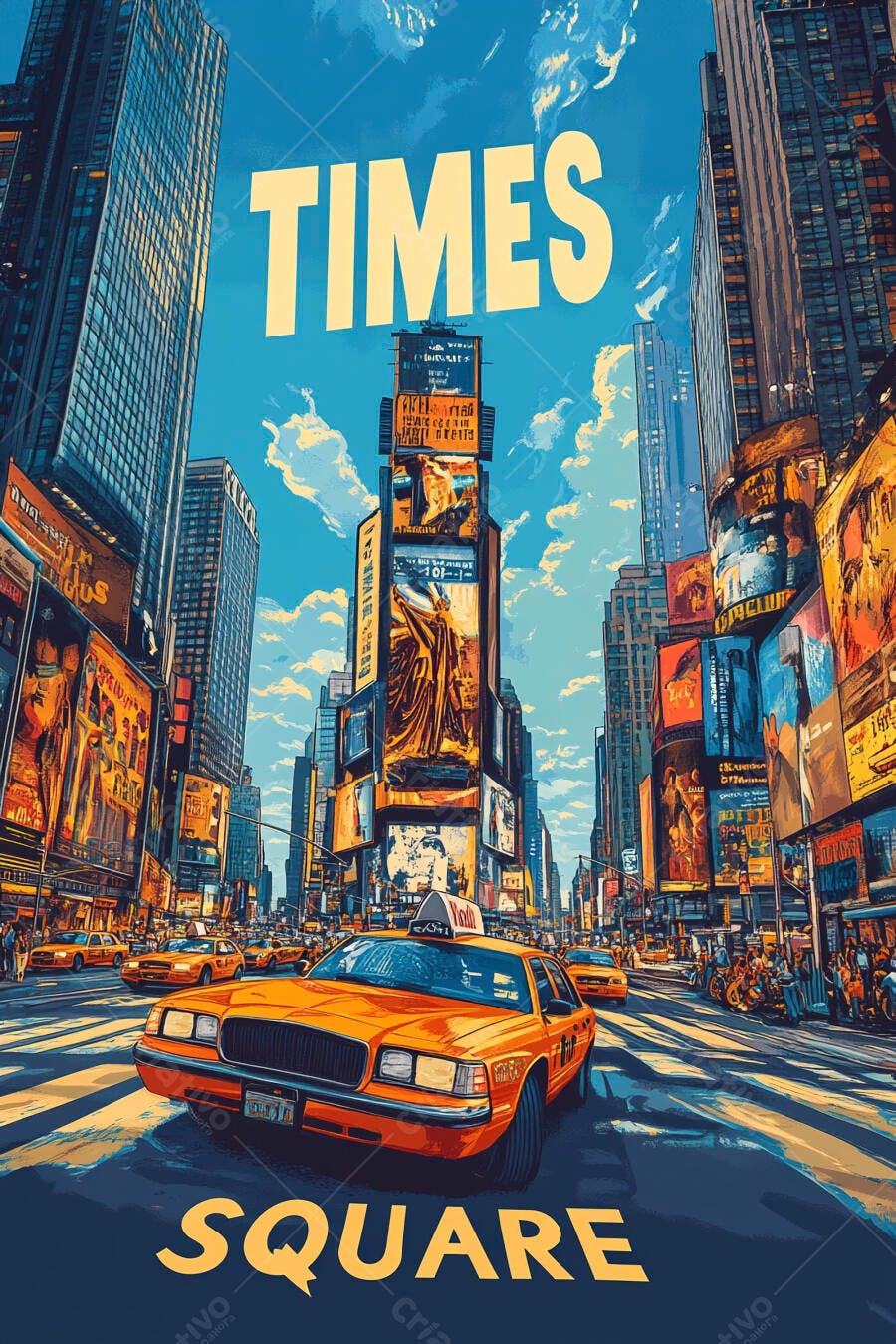 Times Square Nova York táxis amarelos arranha-céus e letreiros luminosos em arte vibrante