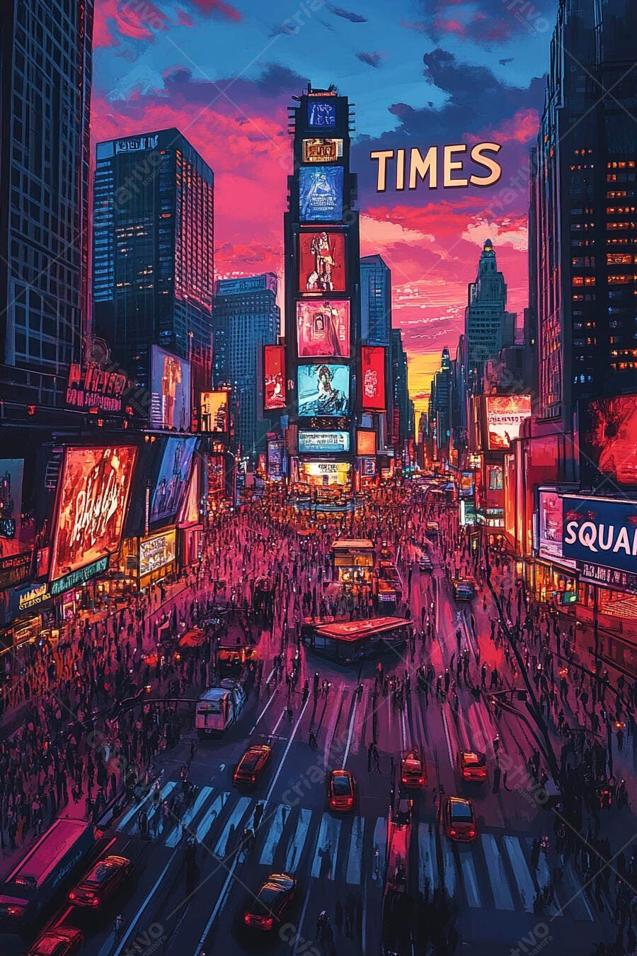 Times Square vibrante ao anoitecer com multidão e anúncios em Nova Iorque