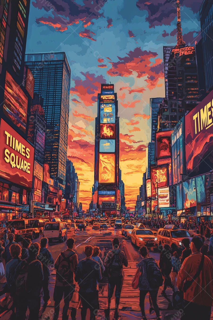 Times Square Nova York pôr do sol com multidão e taxis ilustração vívida