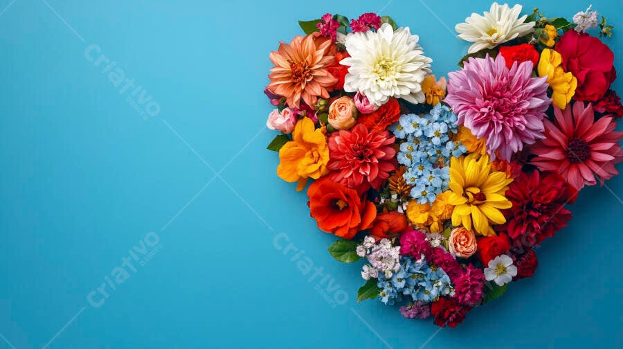 Coração de flores coloridas e variadas em fundo azul vibrante