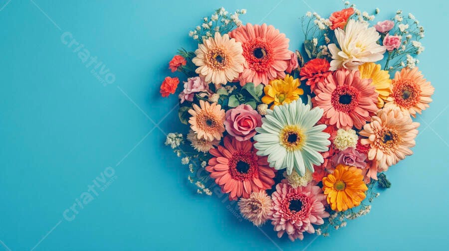 Flores coloridas diversas arranjadas em formato de coração sobre fundo azul vibrante