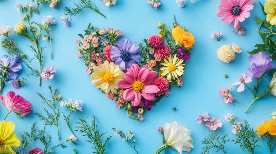 Coração de flores coloridas sobre fundo azul claro vista de cima