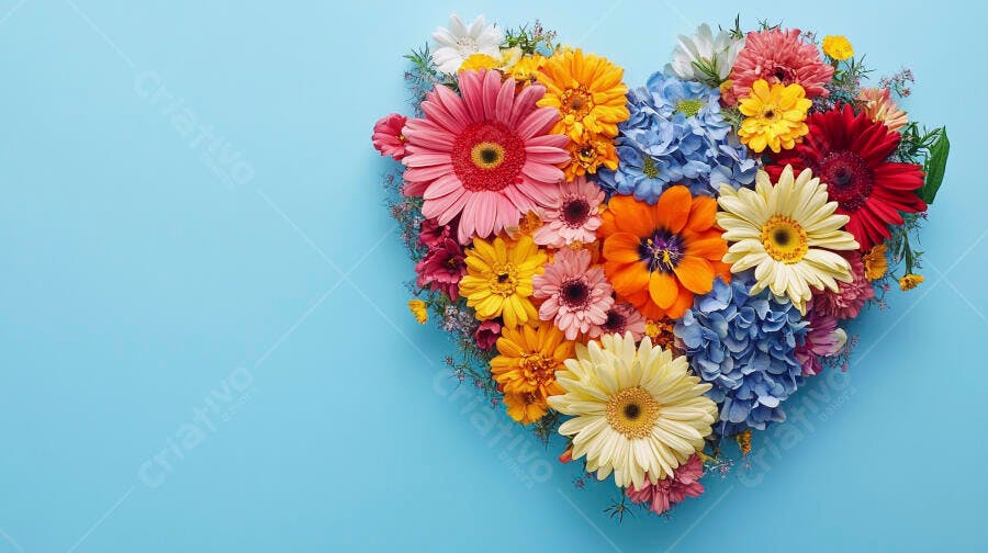 Arranjo floral coração com flores coloridas vibrantes em fundo azul pastel
