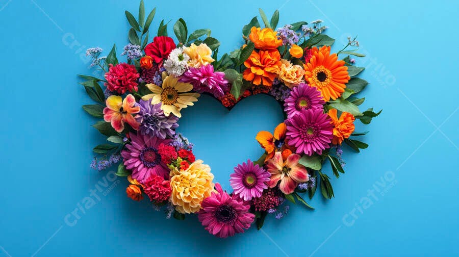 Arranjo floral colorido em formato de coração sobre fundo azul vibrante
